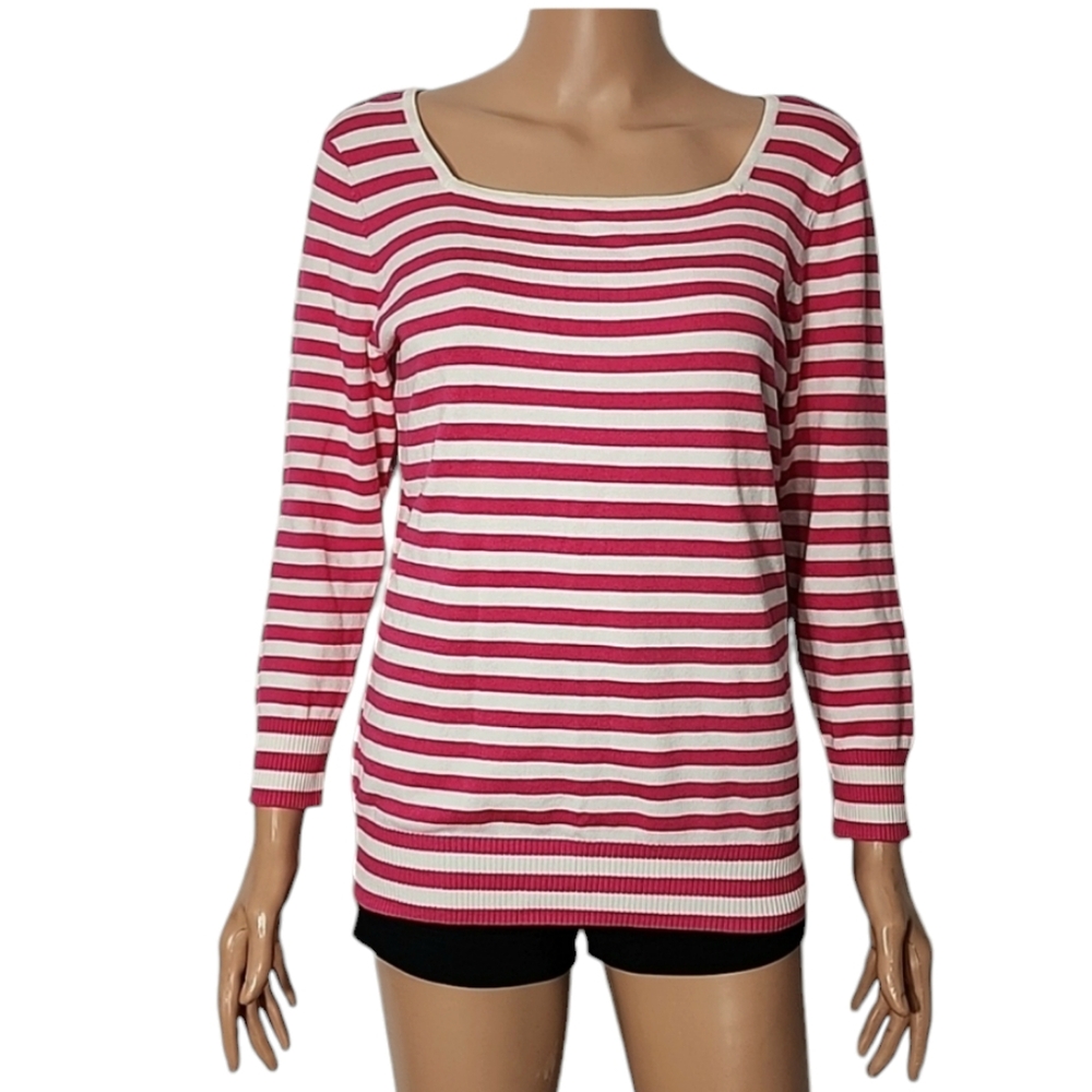 Joseph A Women's sweater top pink white stripes long‎ sleeve square Neck Size M